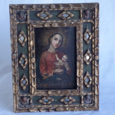 Antique hand-pained icon' The Virgin and Child. By Vasquez Ceballos. Circa 1650.