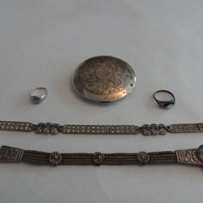 Collection of antique silver jewelry/compact