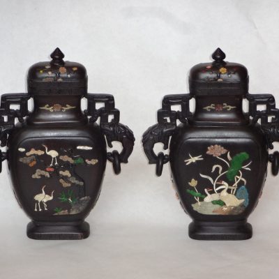 Pair of exquisite Chinese hardwood vases, decorated with applied shell and stone.