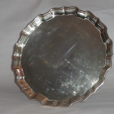 Heavy antique sterling silver tea tray with scalloped edge. 13.75 inches diameter