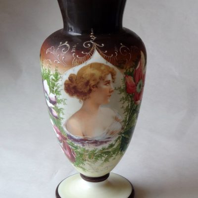 Antique Bristol glass vase with vignette of a lady. 16"H.