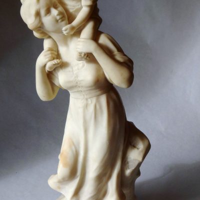 Antique hand-carved marble statue of a mother and child, signed M. Bodium? 27"h