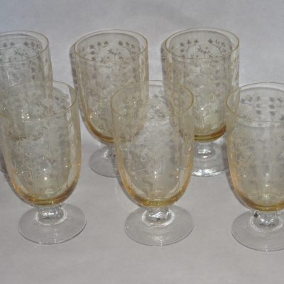 Set of six old champagne-coloured etched glasses
