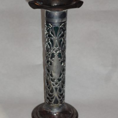 Antique teal glass vase with silver-plate overlay in armorial motif