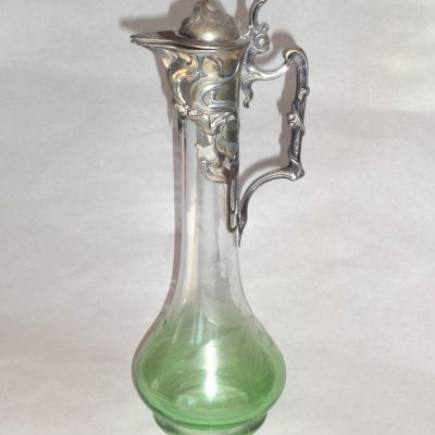 Antique claret jug with etched green glass and silver-plate overlay