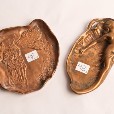 48   Two antique art Nouveau  bronze/copper trays in fish  and mermaid motifs.  Circa  1920.  Two pieces.
