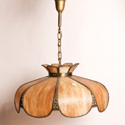 41   Slag glass hanging lamp.        Eight original panels with  spelter framework.  Early 20th  century.  