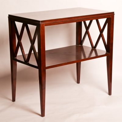 60   Side table - mahogany.          Lattice work sides, lower  shelf, and tapered legs.  Early 20th century.  