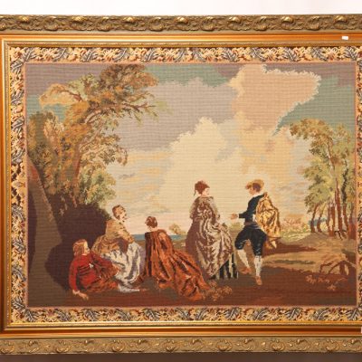 82   Needlework tapestry.  English classical scene in gold frame. Mid 20th century.   