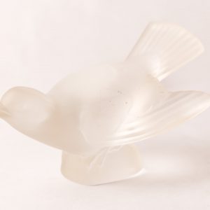 6. Lalique bird. Frosted art glass with sticker and maker's mark on bottom. Mid 20th century.  